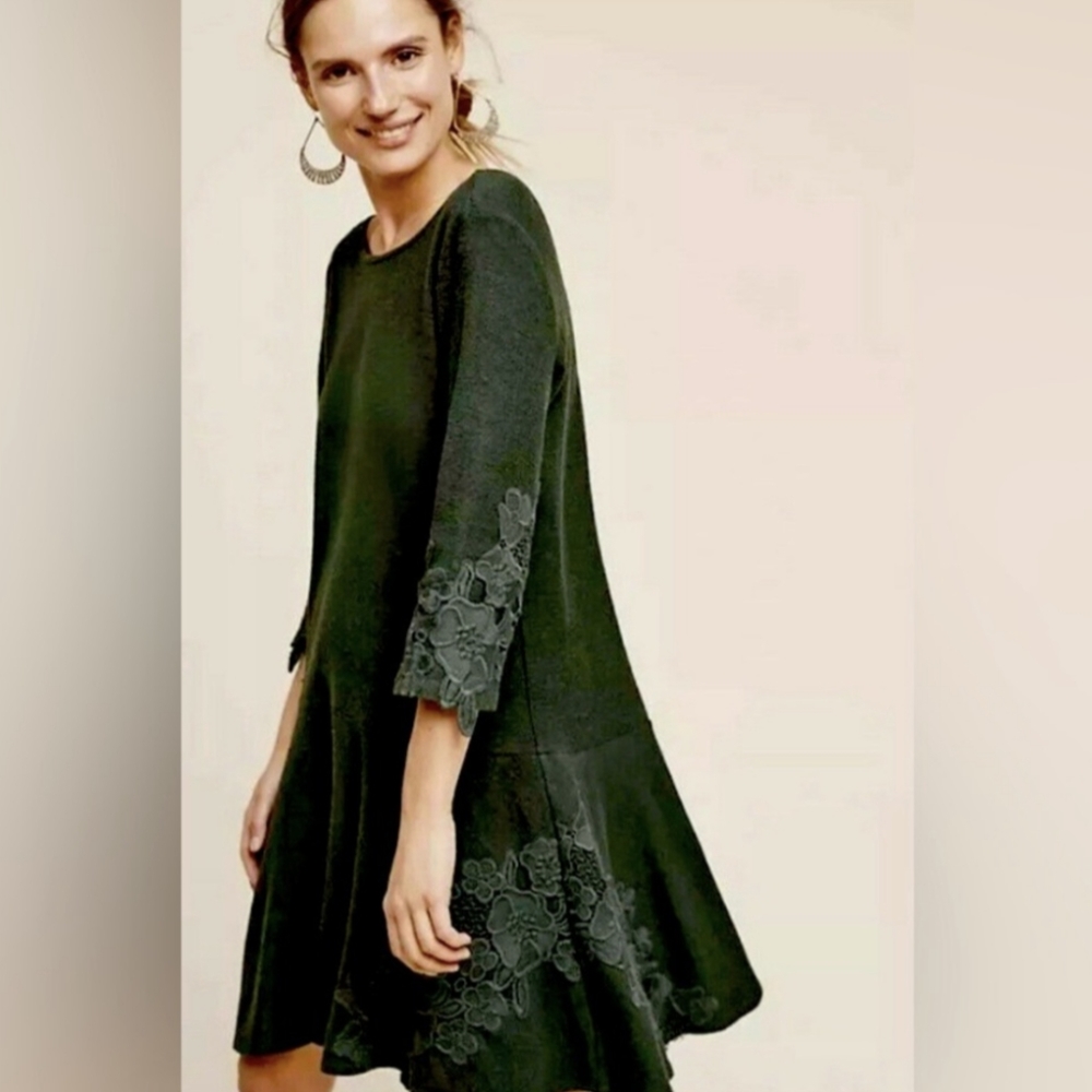 Anthropologie Maeve Tierra Green Drop Waist Sweater Dress, Sz S